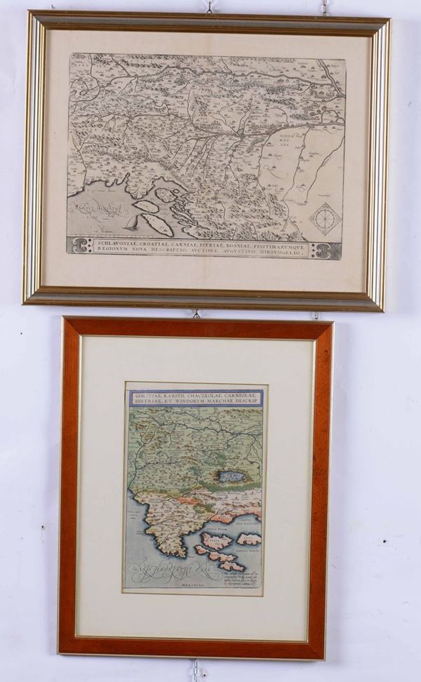 Abramo Ortelius - Illiryci altera tabula (da Theatrum Orbis terrarum) Fine sec. XVI + altra Pannonia - Illyrici + Istria sec. XVIII