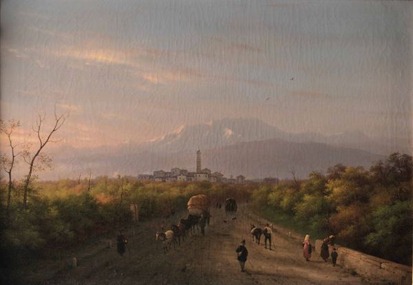 Cannella Giuseppe (Verona 1788 - Firenze 1847) Paesaggio con carrozze