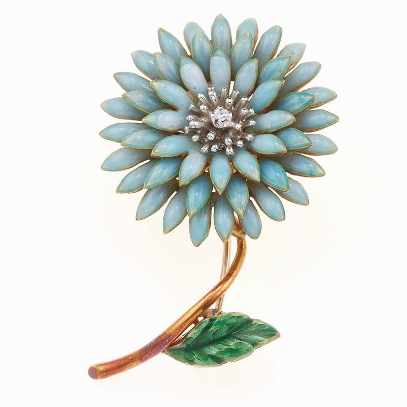 Spilla Dalia con smalti policromi e piccolo diamanti  - Auction Jewels | Timed Auction - Cambi Casa d'Aste