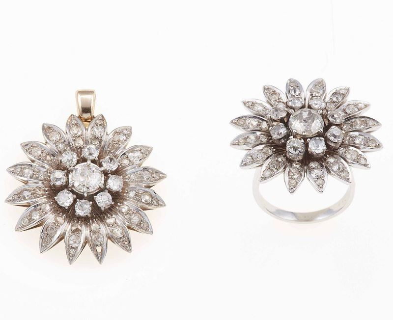 Pendente ed anello con diamanti di vecchio taglio  - Asta Fine Coral Jewels - II - Cambi Casa d'Aste