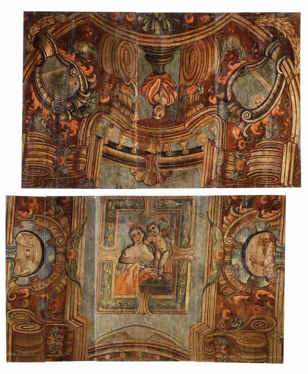 Quinta architettonica e edicola con Madonna con Bambino, boiserie in legno dipinto. Arte barocca italiana del XVIII secolo