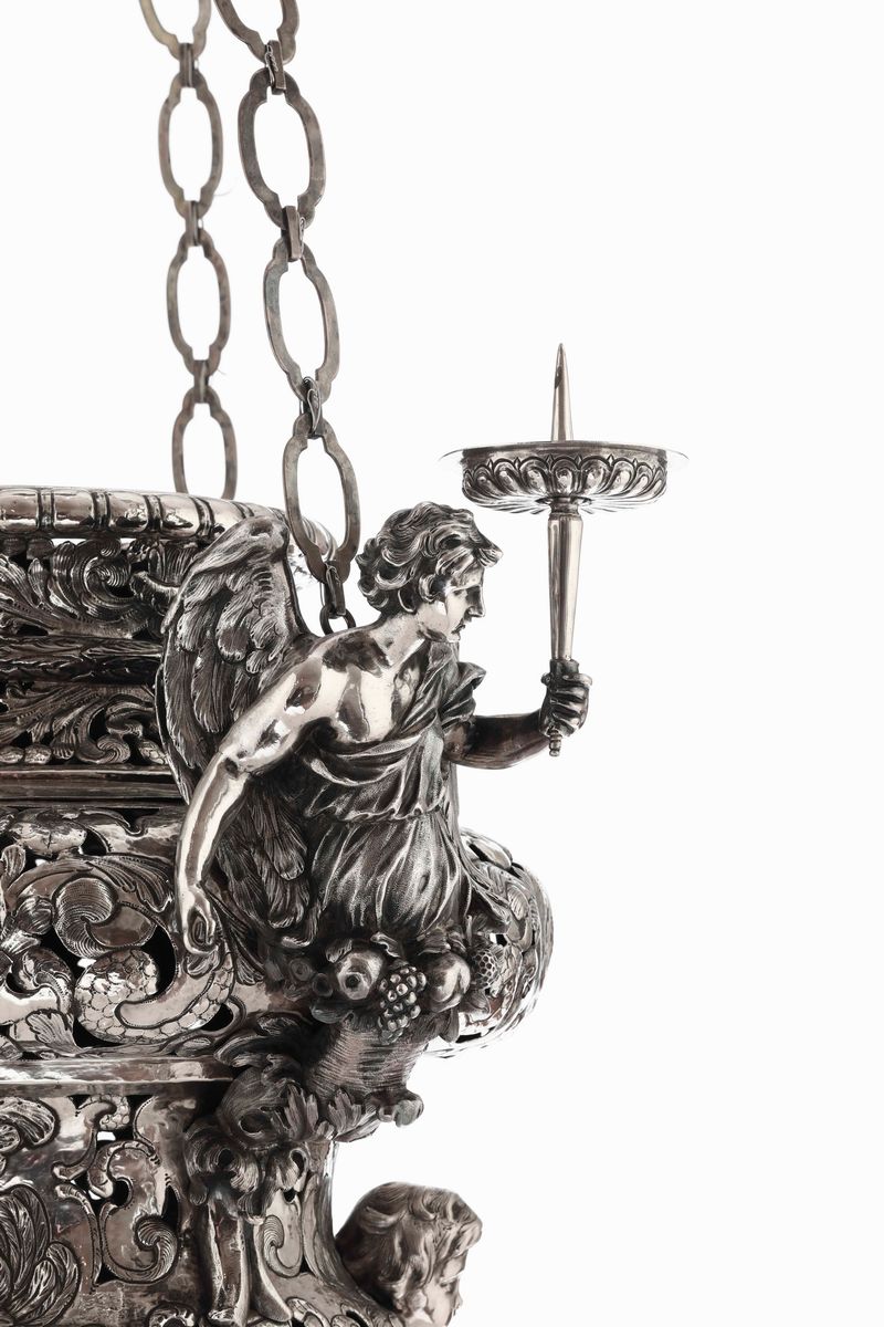 Monumentale Lanterna in Argento Fuso, Sbalzato e Cesellato. Argentiere Barocco Operante nel XVIII...