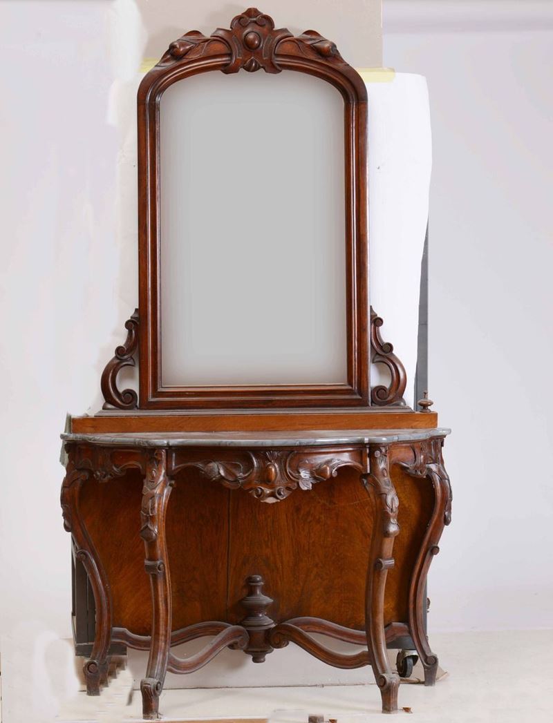 Consolle Luigi Filippo in legno intagliatocon piano in marmo e specchiera  - Auction Furniture | Cambi Time - Cambi Casa d'Aste