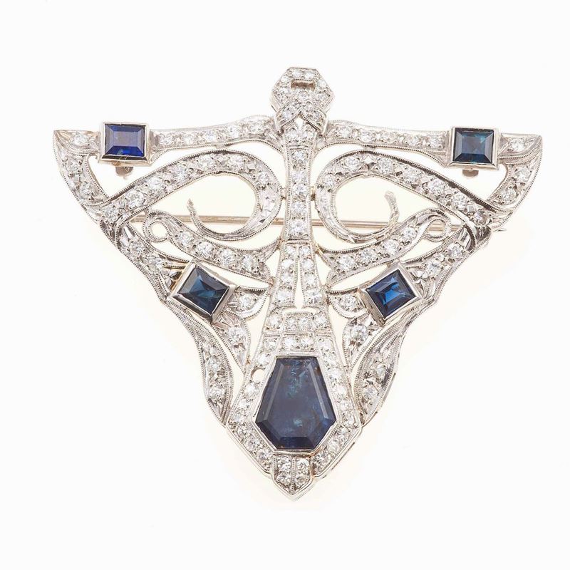 Spilla in stile con zaffiri Australia e diamanti  - Auction Jewels | Timed Auction - Cambi Casa d'Aste