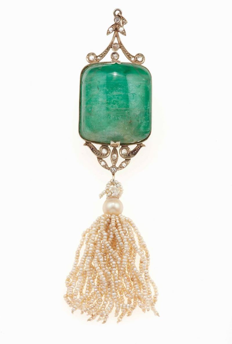 Emerald, seed pearl and gold pendant  - Auction Fine and Coral Jewels - Cambi Casa d'Aste