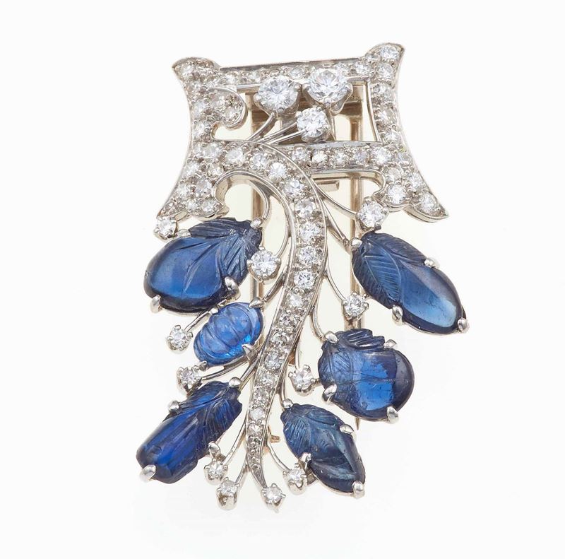 Sapphire, diamond and platinum clip  - Auction Fine and Coral Jewels - Cambi Casa d'Aste