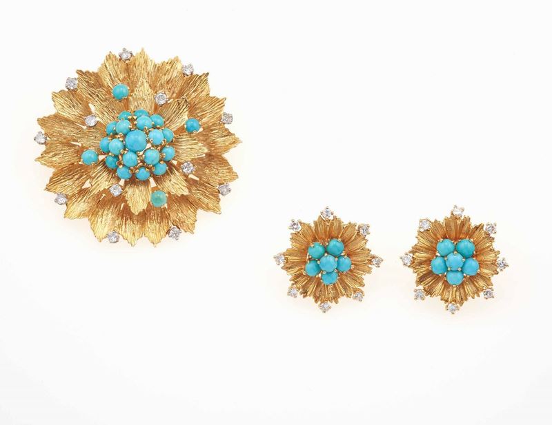 Demi-parure composta da spilla ed orecchini con turchesi e diamanti  - Auction Fine Coral Jewels - II - Cambi Casa d'Aste