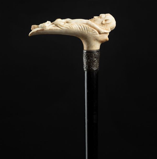 Bastone da passeggio a soggetto erotico con impugnatura in osso, Inghilterra, inizi XX secolo
