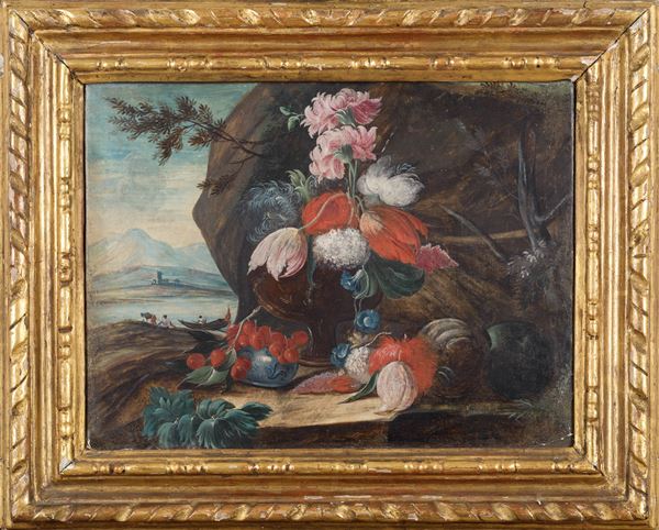 Scuola del XVIII secolo Paesaggi con composizioni di fiori e frutti