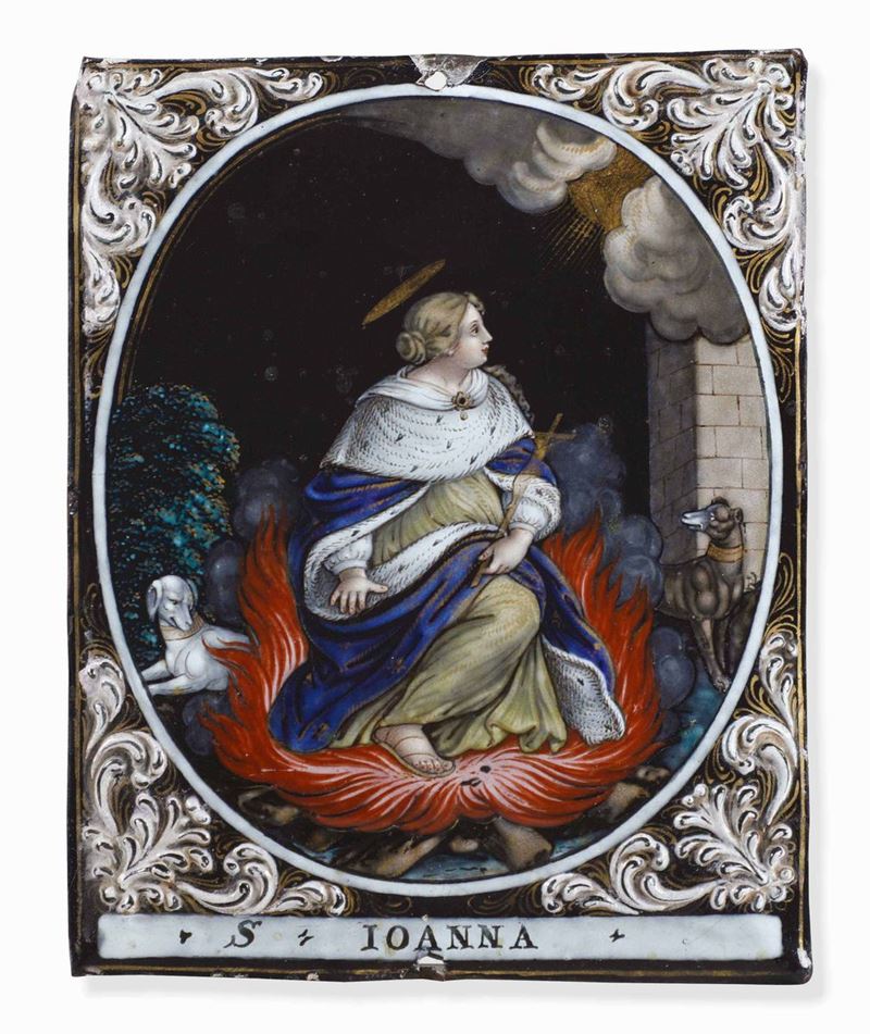 Santa (Giovanna d’Arco?) Rame e smalti policromi Limoges probabile XVIII secolo  - Asta Scultura e Oggetti d'Arte - Cambi Casa d'Aste