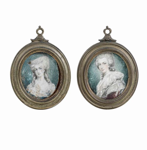 Due miniature con figura femminile entro cornici ovali