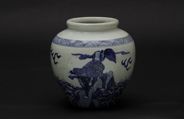 Vaso in porcellana bianca e blu con figure di draghi, Cina, Dinastia Qing, periodo Guangxu (1875-1908)