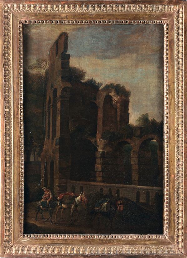 Pittore nordico Veduta del Colosseo con popolana e asini