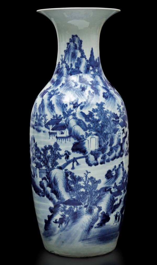 Vaso in porcellana bianca e blu raffigurante paesaggio con figure, Cina, Dinastia Qing, XIX secolo