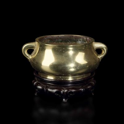 Censer a Doppia Ansa in Bronzo Dorato, Cina, Dinastia Qing, XVII Secolo