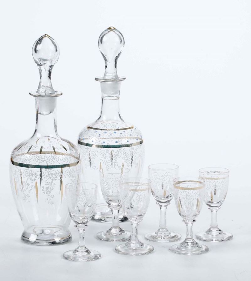 Sei bicchieri da liquore e due bottiglie  XX secolo  - Auction tableware | Cambi Time - I - Cambi Casa d'Aste