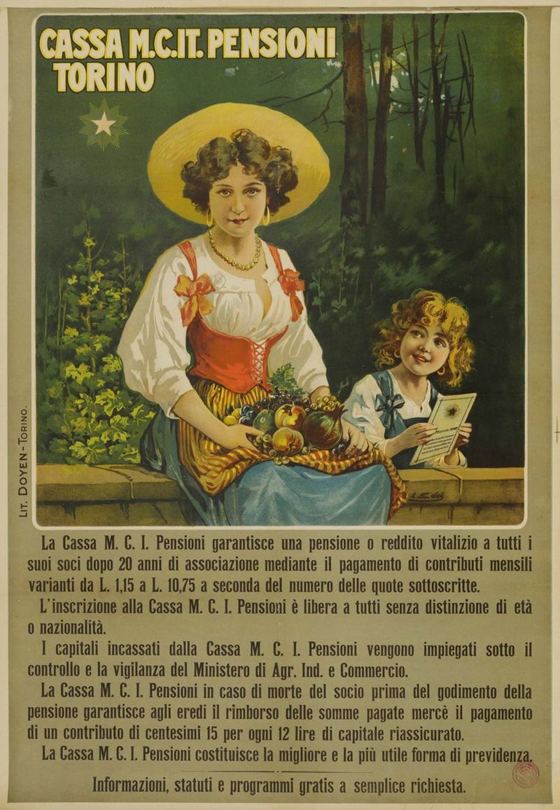 Leonida Edel (1864-1940) CASSA M.C. IT. PENSIONI, TORINO  - Asta Manifesti d'Epoca - Cambi Casa d'Aste