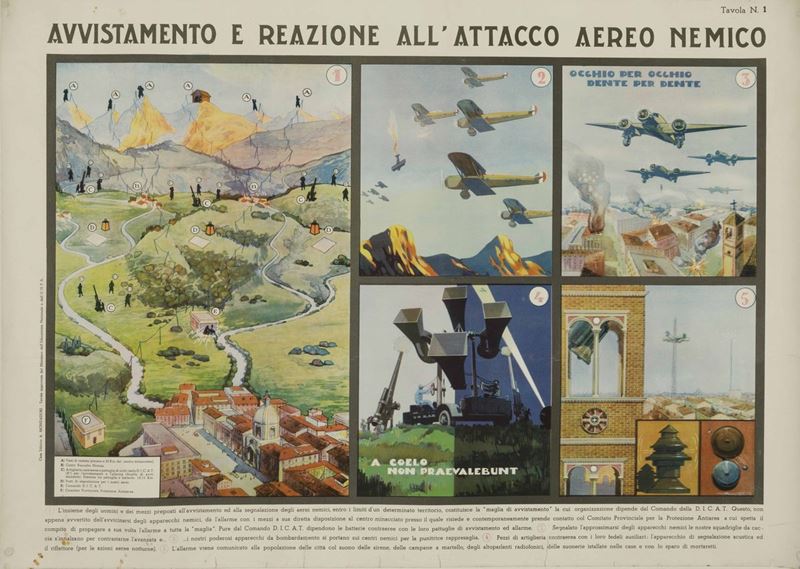 Armando Monasterolo (1915-1978) AVVISTAMENTO E REAZIONE ALL’ATTACCO AEREO  - Auction Vintage Posters - Cambi Casa d'Aste