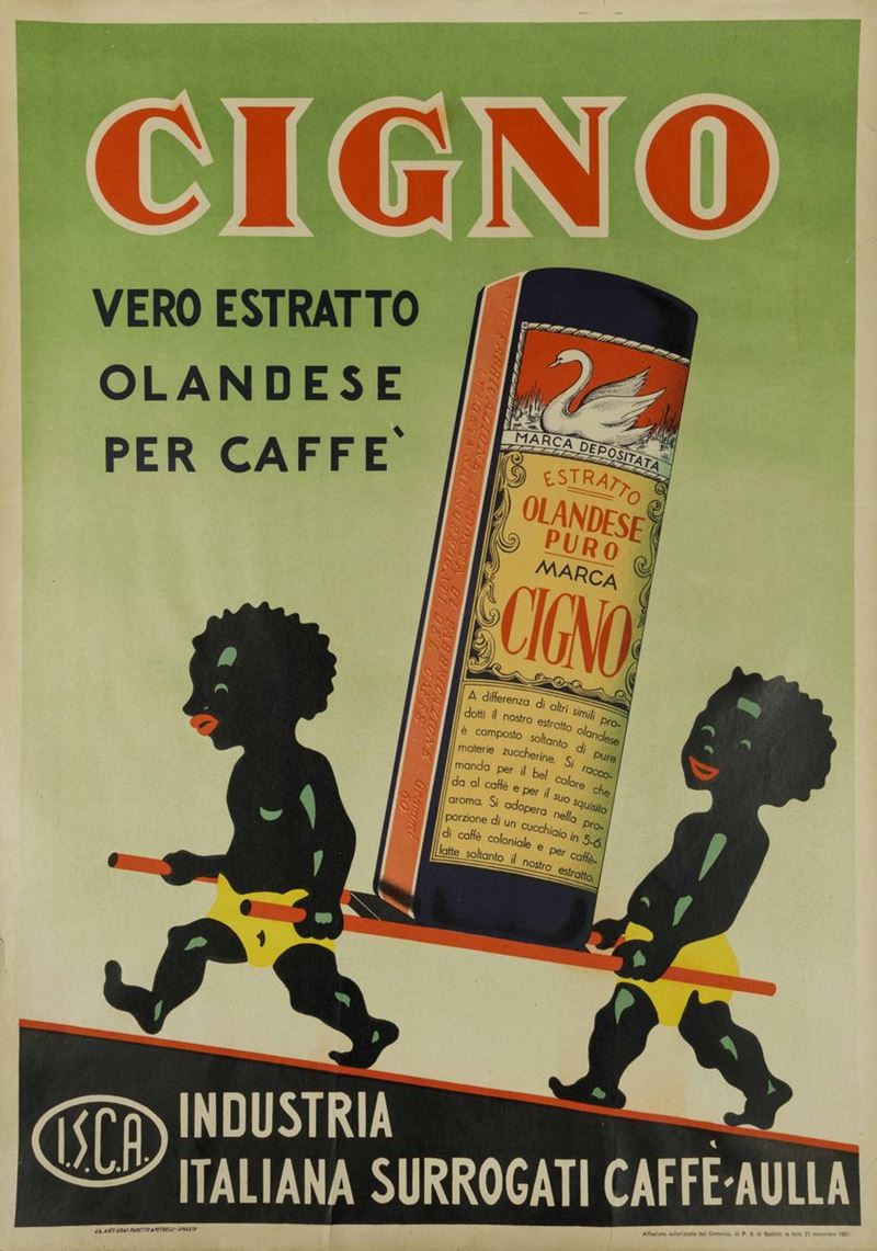 Anonimo CIGNO, VERO ESTRATTO OLANDESE PER CAFFÈ / INDUSTRIA ITALIANA SURROGATI CAFFÈ, AULLA  - Auction Vintage Posters - Cambi Casa d'Aste
