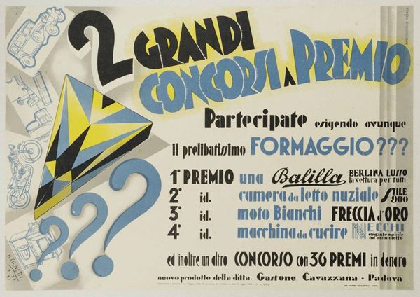 Michelangelo Cignetti (1906-1966) 2 GRANDI CONCORSI A PREMIO / PARTECIPATE ESIGENDO OVUNQUE IL PRELIBATISSIMO FORMAGGIO / DITTA GASTONE CAVAZZANA, PADOVA