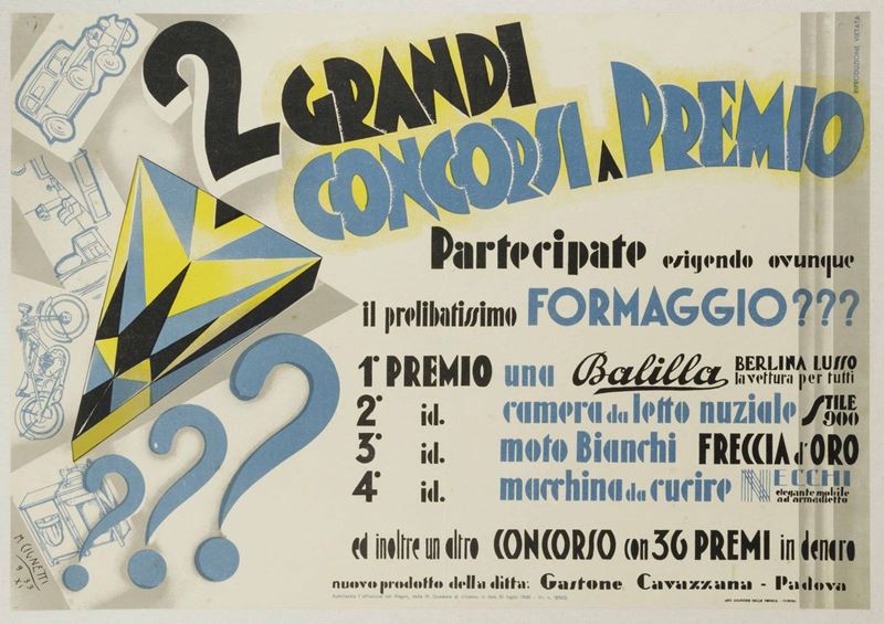 Michelangelo Cignetti (1906-1966) 2 GRANDI CONCORSI A PREMIO / PARTECIPATE ESIGENDO OVUNQUE IL PRELIBATISSIMO FORMAGGIO / DITTA GASTONE CAVAZZANA, PADOVA  - Auction Vintage Posters - Cambi Casa d'Aste