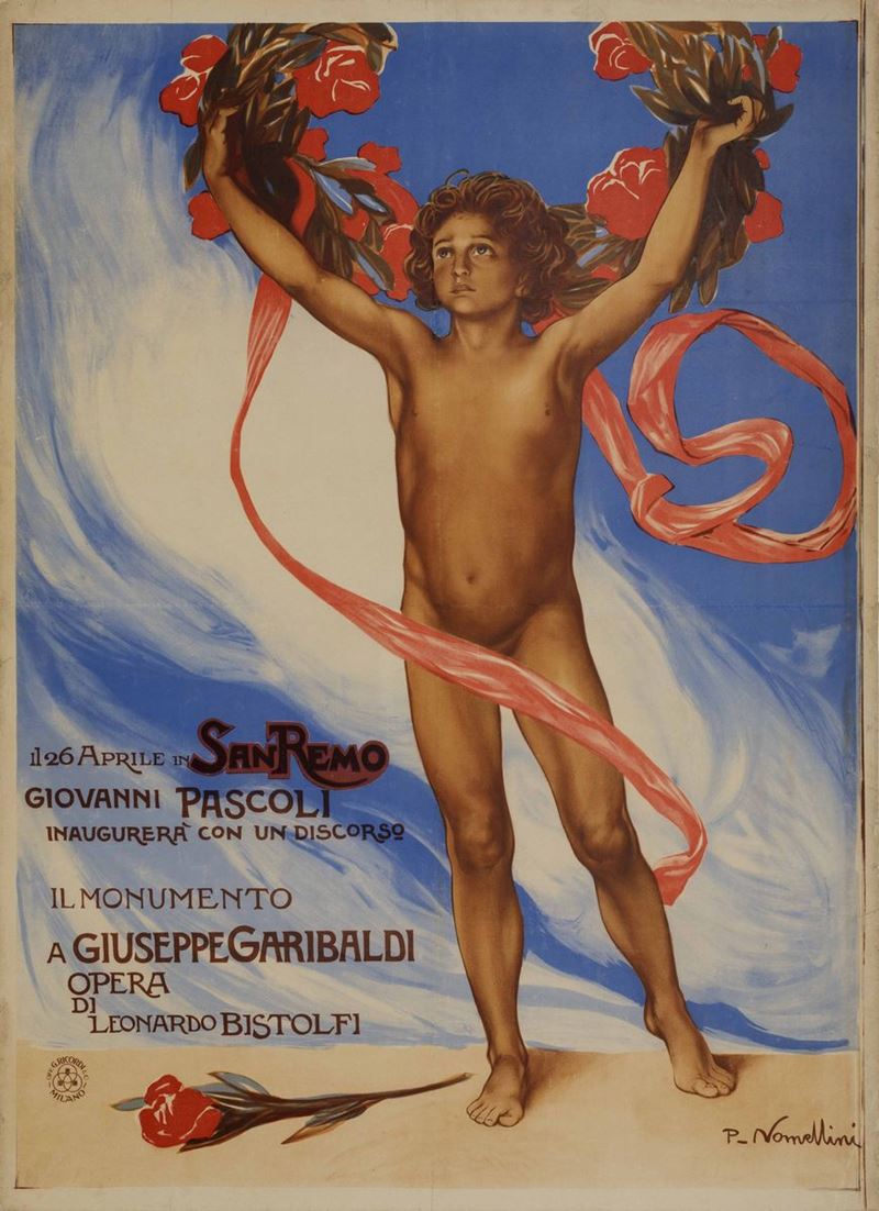 Plinio Nomellini (1866-1943) ... SANREMO, GIOVANNI PASCOLI INAUGURERA’ ... IL MONUMENTO A GIUSEPPE GARIBALDI  - Auction Vintage Posters - Cambi Casa d'Aste