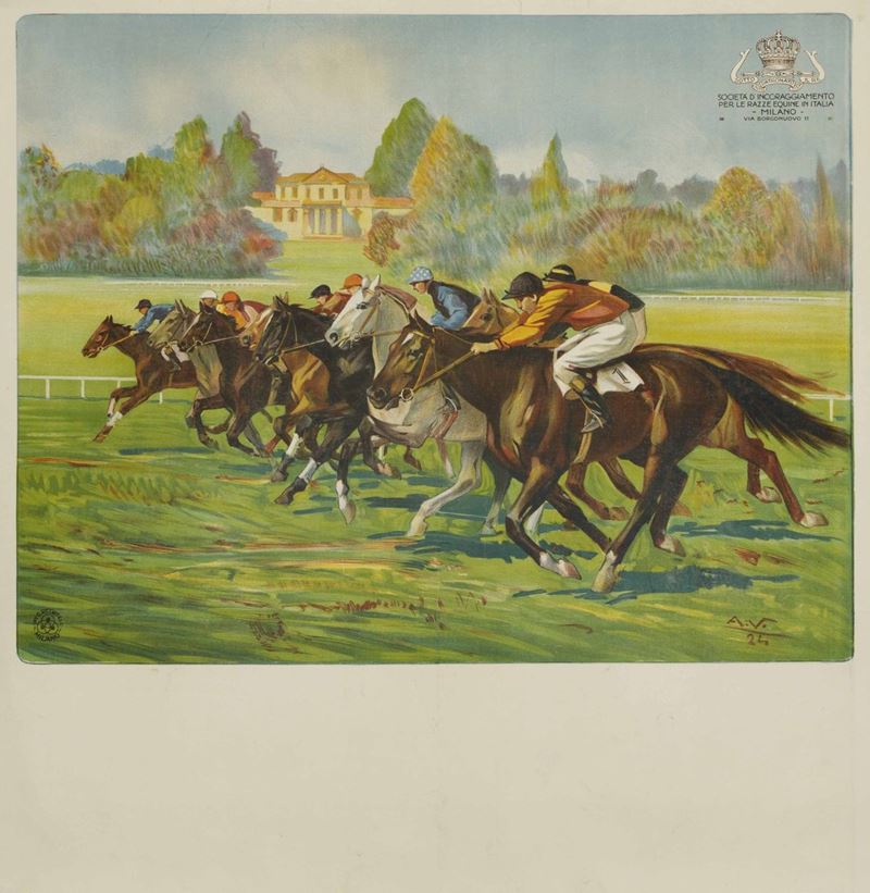 Alfredo Vaccari (Torino 1877 - 1933) (CORSE A MONZA) / SOCIETA’ D’INCORAGGIAMENTO PER LE RAZZE EQUINE, MILANO  - Auction Vintage Posters - Cambi Casa d'Aste