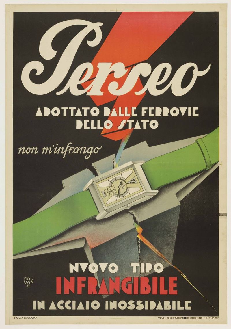 Galvan PERSEO, ADOTTATO DALLE FERROVIE DELLO STATO... NUOVO TIPO INFRANGIBILE...  - Auction Vintage Posters - Cambi Casa d'Aste