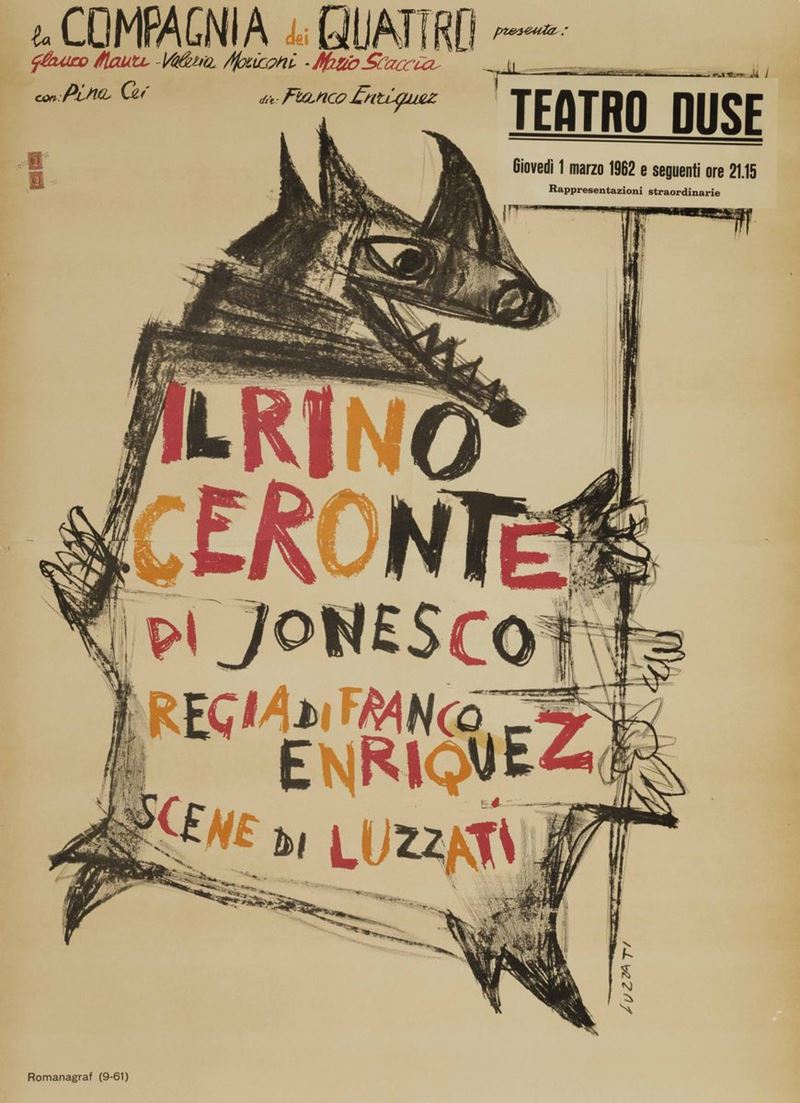 Emanuele Luzzati (1921-2007) LA COMPAGNIA DEI QUATTRO PRESENTA... IL RINOCERONTE DI JONESCO  - Auction Vintage Posters - Cambi Casa d'Aste