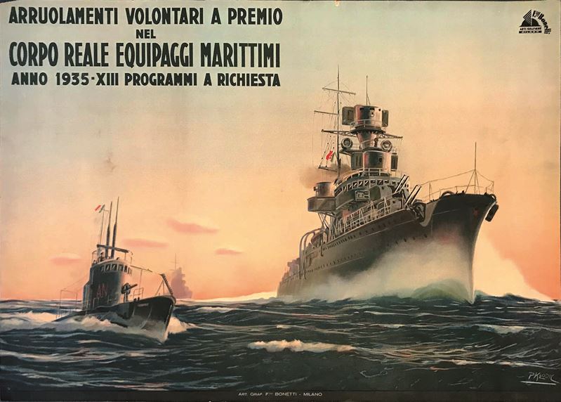 Paolo Klodic (Trieste 1887-1961) ARRUOLAMENTI VOLONTARI A PREMIO – CORPO REALE EQUIPAGGI MARITTIMI  - Asta Manifesti d'Epoca - Cambi Casa d'Aste