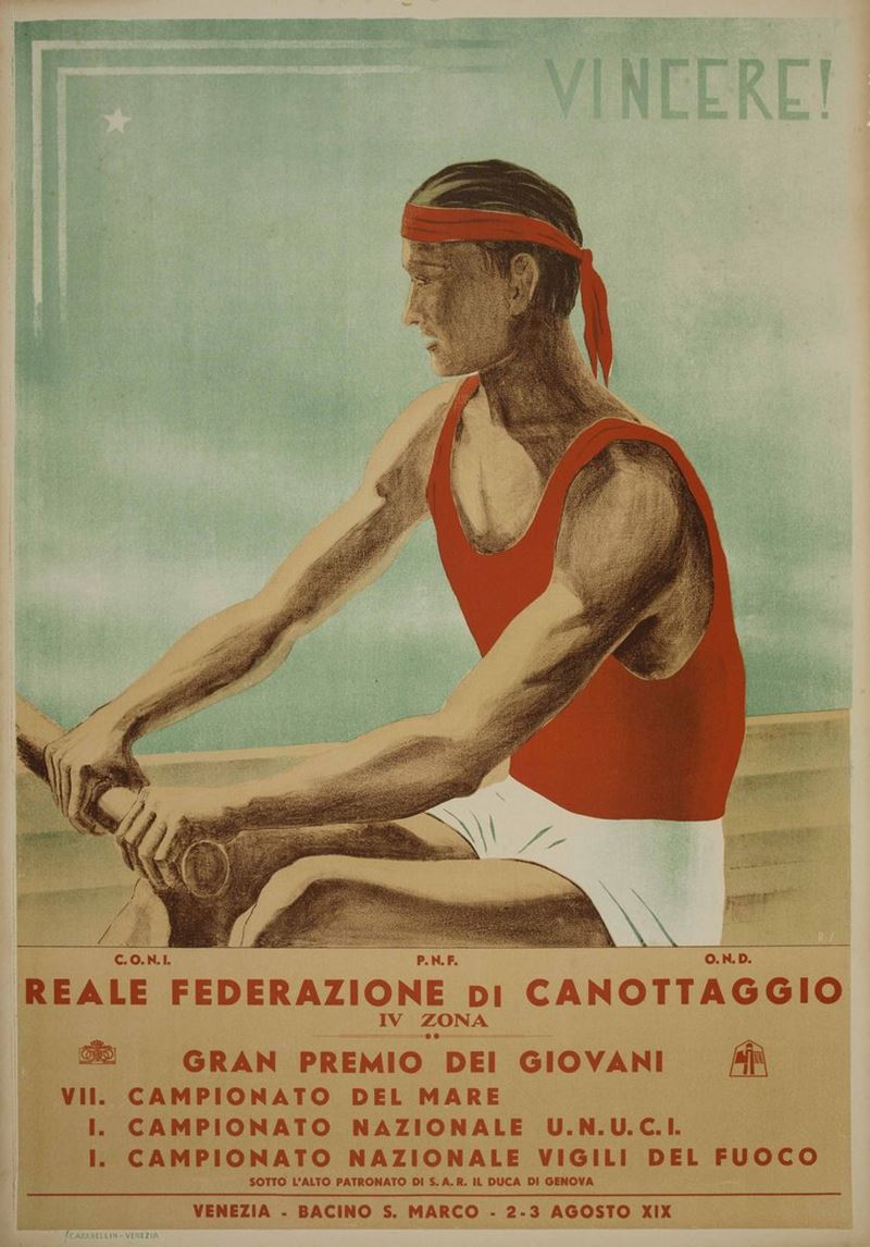 R.Scarabellin (atribuito) VINCERE! / REALE FEDERAZIONE DI CANOTTAGGIO ... GRAN PREMIO DEI GIOVANI... VENEZIA  - Auction Vintage Posters - Cambi Casa d'Aste