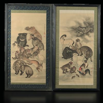 Coppia di Dipinti su Seta Raffiguranti i Dodici Animali del Zodiaco e Iscrizioni, Cina, Dinastia ...