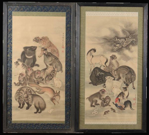 Coppia di dipinti su seta raffiguranti i dodici animali dell'oroscopo e iscrizioni, Cina, Dinastia Qing, XIX secolo