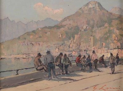 Giovanni Lomi (1889-1969)uomini Seduti Lungo una Passeggiata