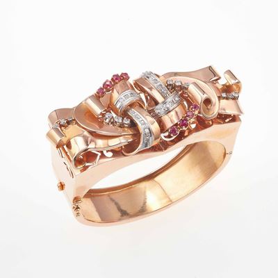 Bracciale Rigido con Diamanti di Vecchio Taglio e Rubini Sintetici