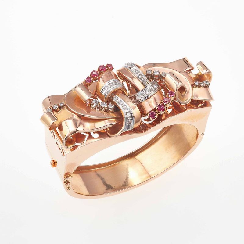 Bracciale rigido con diamanti di vecchio taglio e rubini sintetici  - Asta Fine Coral Jewels - II - Cambi Casa d'Aste