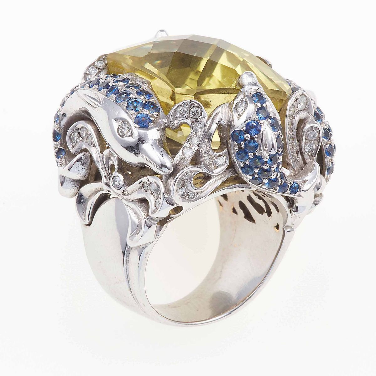 Anello Delfini con Grande Topazio Lemon, Zaffiri e Diamanti
