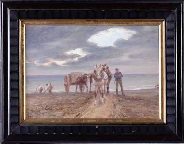 Alessandro Viazzi (1872-1956) Spiaggia con cavalli