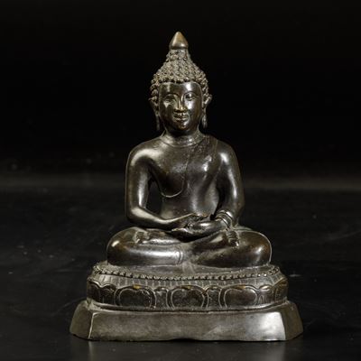 Figura di Buddha Amitayus Seduto su Fiore di Loto in Bronzo, Cina, Thailandia, XIX Secolo