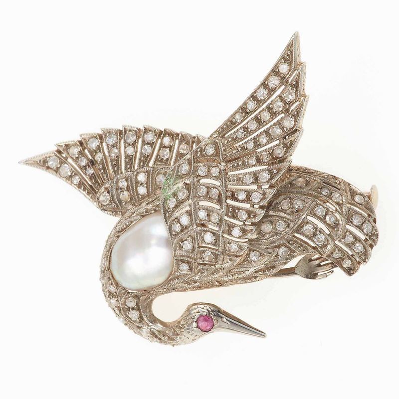 Spilla cigno con perla, piccoli diamanti ed un rubino  - Auction Jewels | Timed Auction - Cambi Casa d'Aste