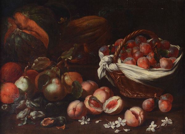Scuola italiana del XVIII secolo Natura morta con zucche e frutti