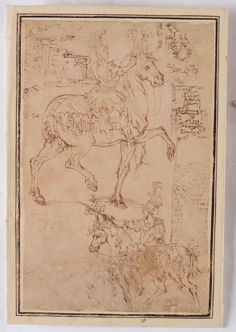 Bernardo Buontalenti (Firenze 1531-1698), attribuito a Studio per figura di cavaliere e architetture  - Auction Old Master Drawings - Cambi Casa d'Aste