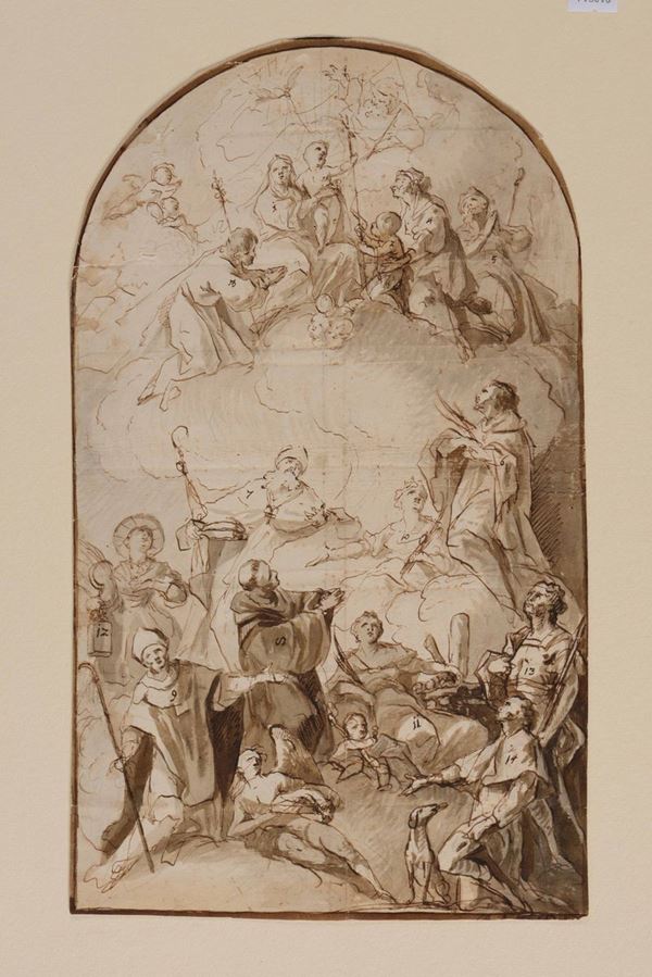 Scuola veneta del XVIII secolo Studio per pala d'altare raffigurante Dio Padre Madonna con Bambino, S. Giovanni Battista, S. Anna e altri santi