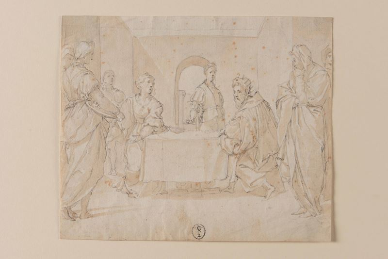 Andrea del Sarto : Erode ed Erodiade  - matita nera e acquerello bruno su carta - Asta Dipinti Antichi - Cambi Casa d'Aste