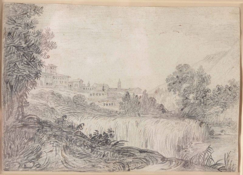 Felice Giani (San Sebastiano Curone 1758 - Roma 1823) Paesaggio con borgo sullo sfondo  - Asta Disegni Antichi - Cambi Casa d'Aste