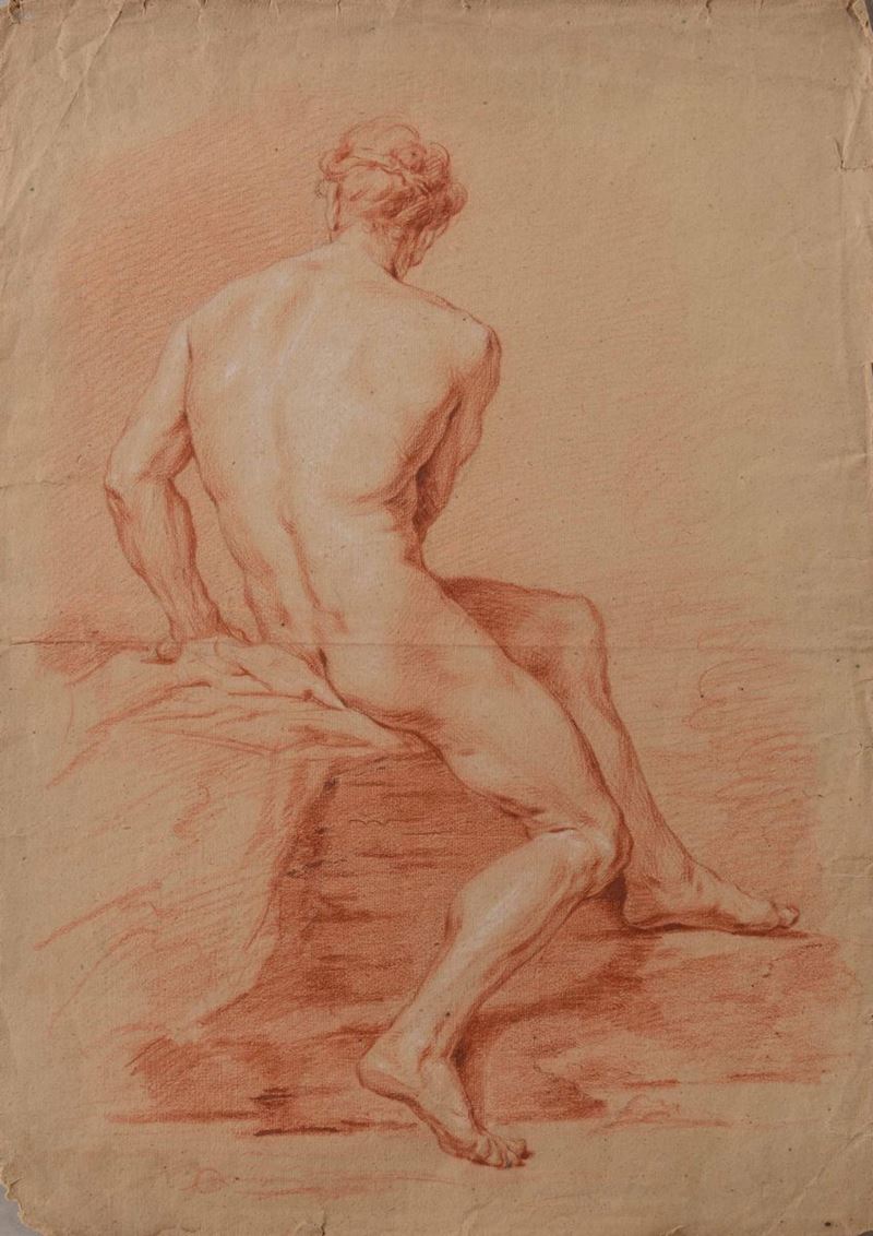Scuola francese del XVIII secolo Studio di nudo maschile di spalle  - Asta Disegni Antichi - Cambi Casa d'Aste