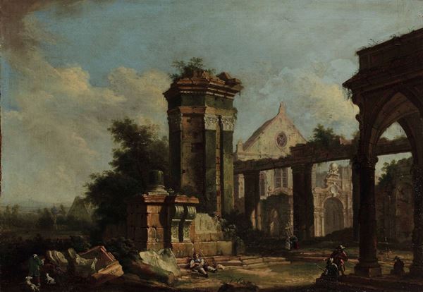 Bernardo (Venezia 1721 - Varsavia 1780) e Lorenzo Bellotto (Venezia 1744 - Varsavia 1770) Capriccio architettonico con rovine e personaggi