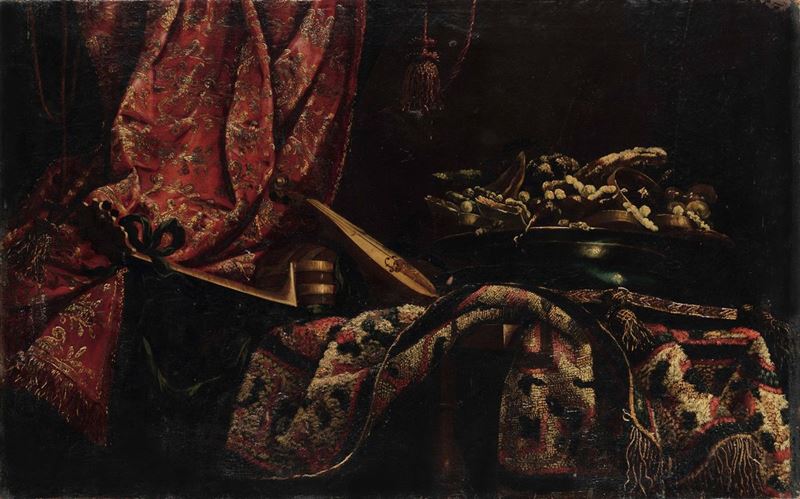 Giuseppe Recco (Napoli 1634 - Alicante 1695) Natura morta con strumenti, drappi e tappeti  - Auction Fine Old Masters - Cambi Casa d'Aste