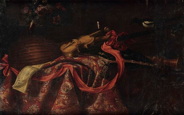 Giuseppe Recco (Napoli 1634 - Alicante 1695) Natura morta con strumenti e tappeti