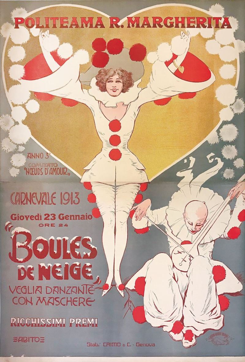 Giuseppe Pipein Gamba - Garuti (1869-1954) BOULES DE NEIGE / VEGLIA DANZANTE CON MASCHERE / POLITEAMA R. MARGHERITA / COMITATO  NOEUDS D AMOUR  - Auction Vintage Posters - Cambi Casa d'Aste